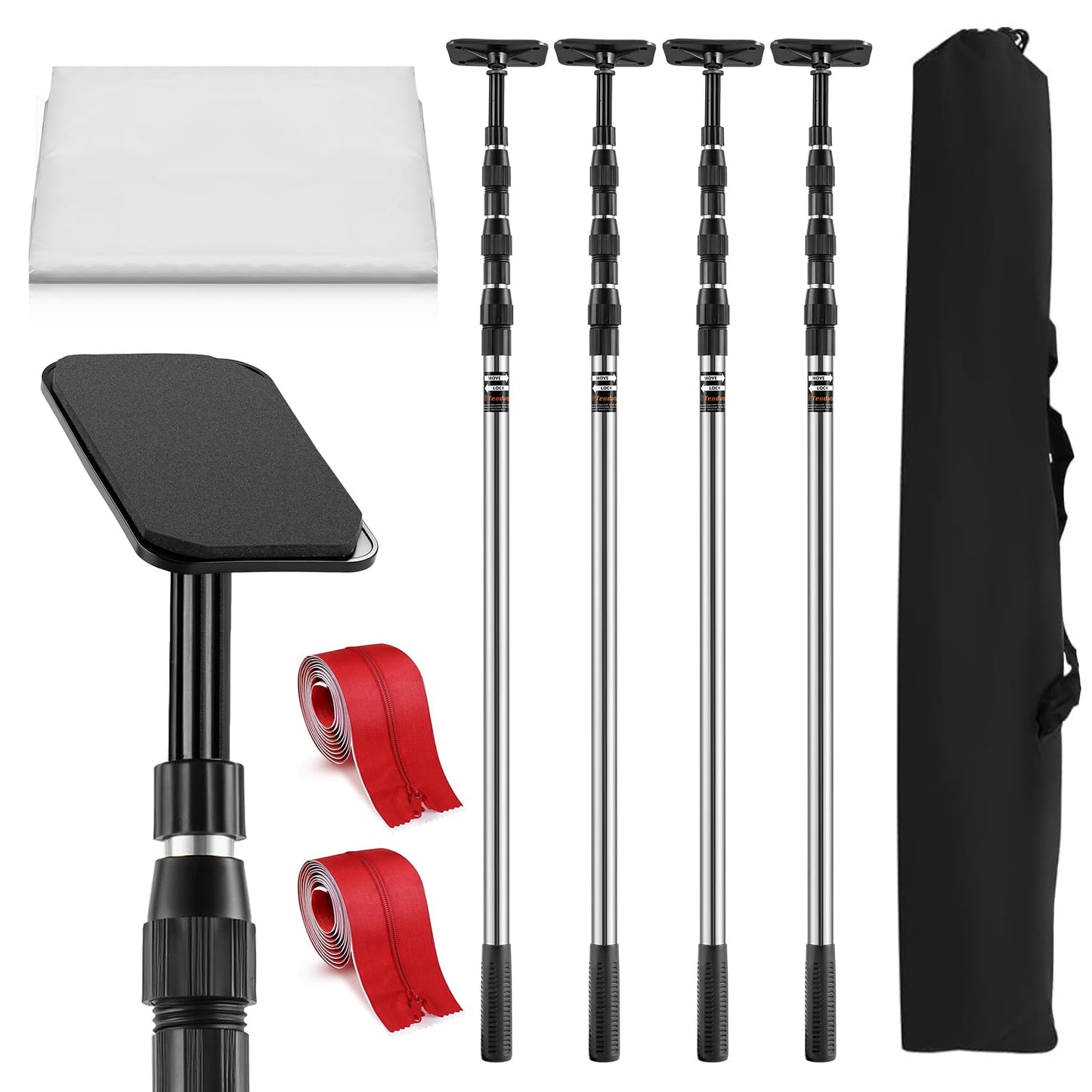 Teodute 10FT Dust Barrier Poles, 4 Pack Spring Retractable Zipper Wall Poles for Dust Barrier System with 2 Heavy-Duty Zippers & Plastic Film, for Interior Decoration, Remodeling & Isolation Work