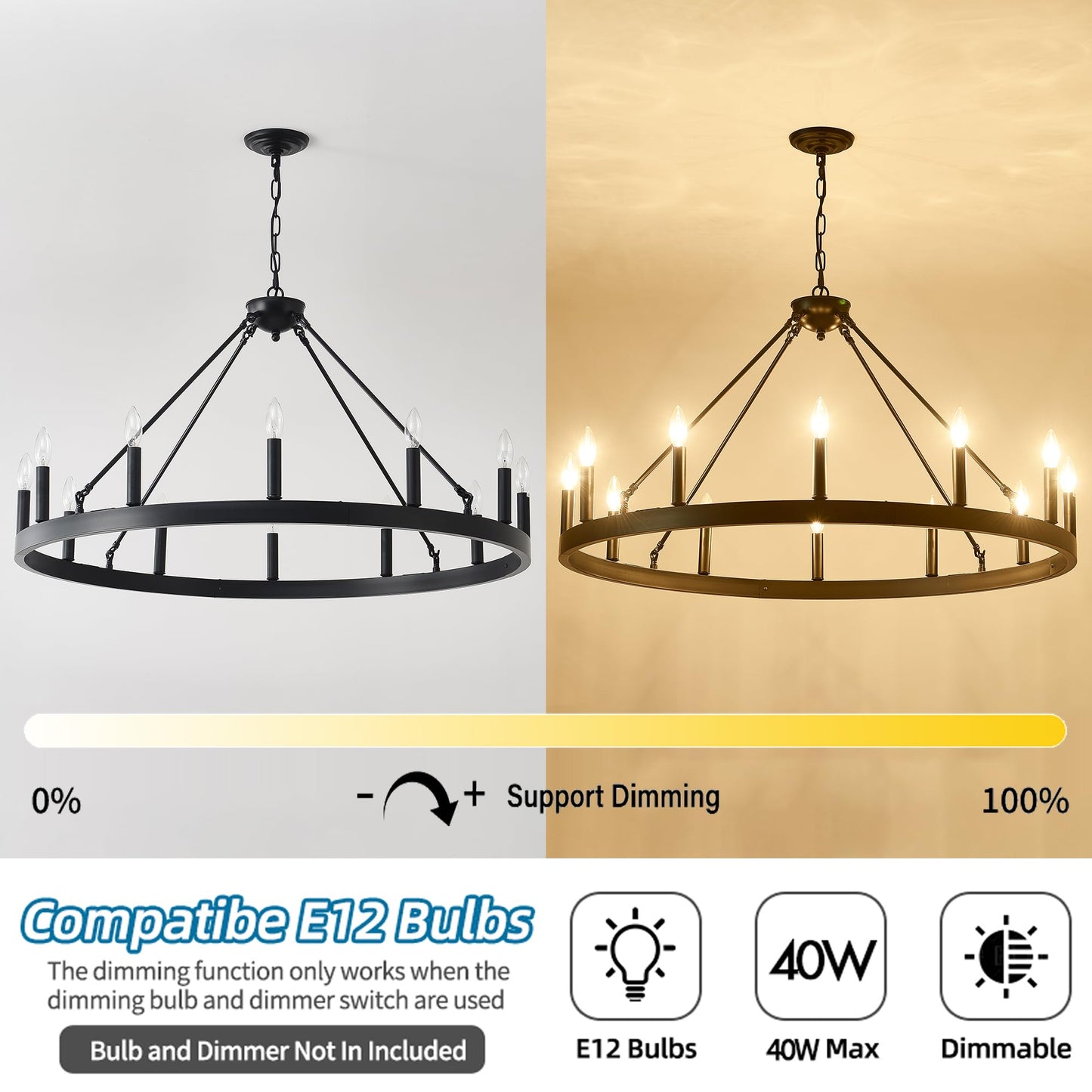 Viksroeo 40 Inch Black Wagon Wheel Chandelier, 12-Lights Farmhouse Industrial Round High Ceiling Pendant Light Adjustable Chain for Outdoor Porch,Foyer,Dining Room, Living Room