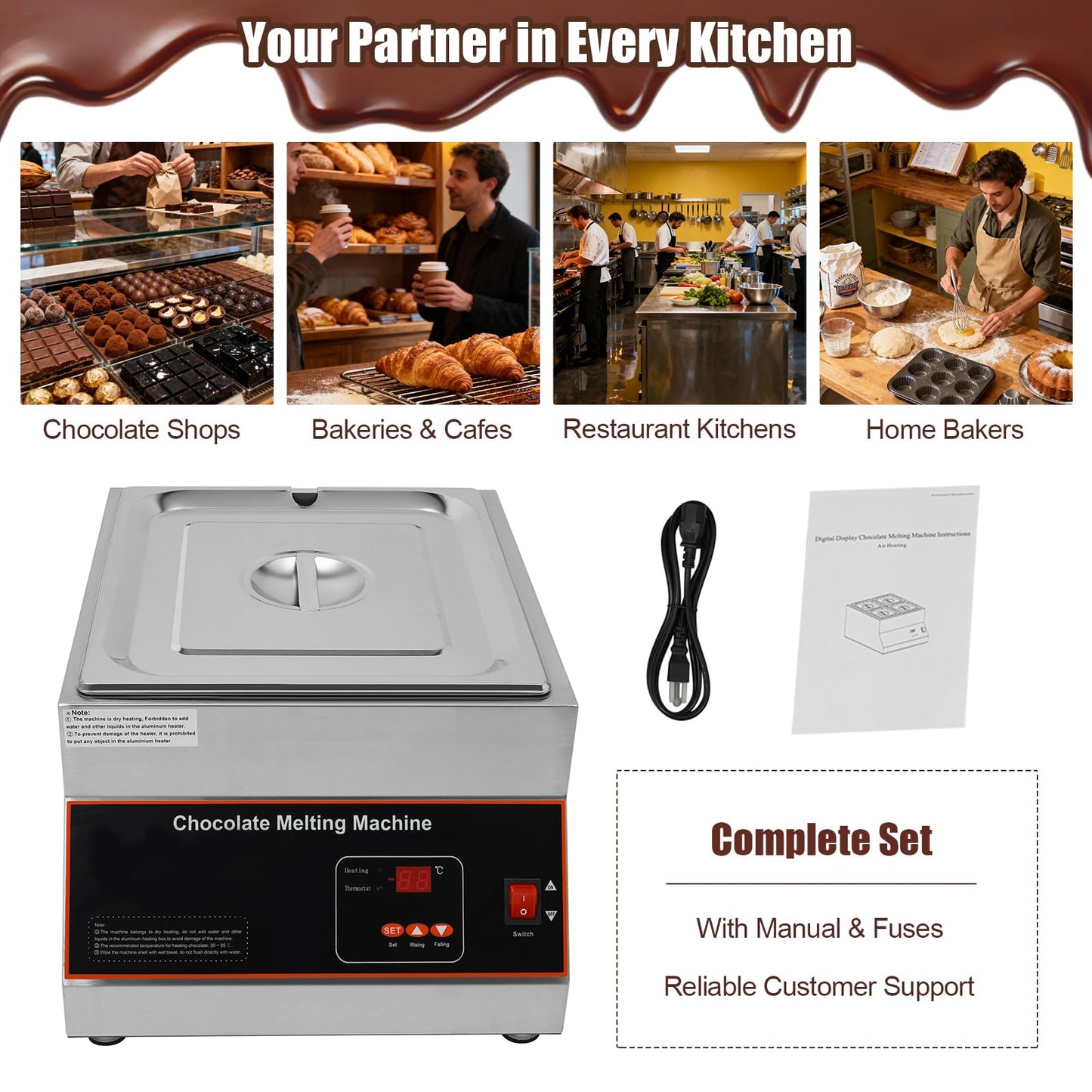 Headery Chocolate Tempering Machine, 26.46 lbs Commercial Chocolate Melting Pot, 500W 32-203°F Stainless Steel Food Warmer with Lid for Chocolate/Milk/Cream Melting and Heating (One Pots)