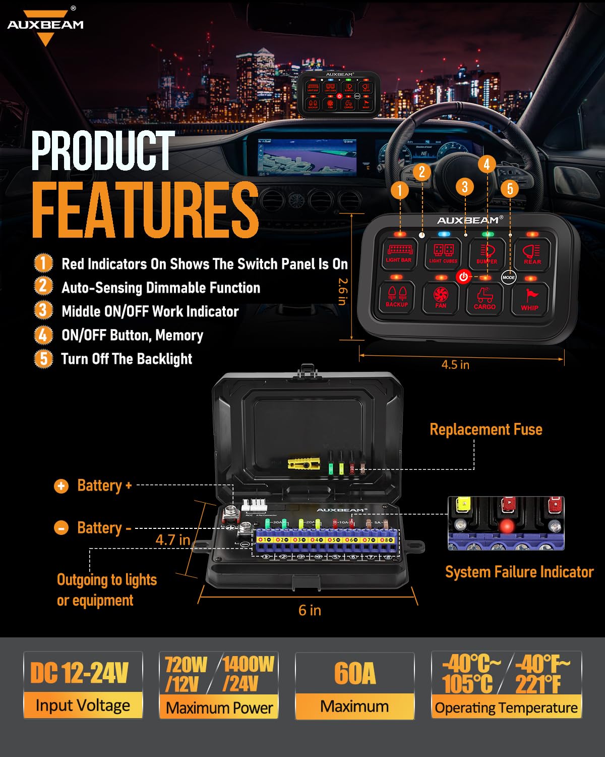 Auxbeam 8 Gang Switch Panel RA80 Toggle Momentary Pulsed RGB Dimmable Multifunction Switch Panel Easy Installation Marine Switch Pod IP65 Waterproof for Car Boat RV, 3 Years Warranty