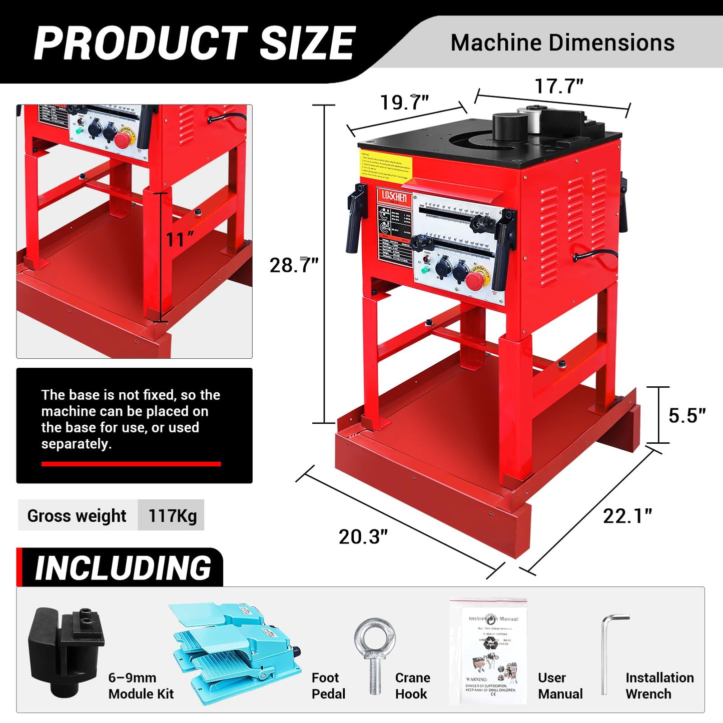 LOSCHEN Electric Hydraulic Rebar Bender,Bending Angle 0-180 Degrees,Bending up to 1 Inch #8 6-25mm Rebar,with Foot Pedal and Height Enhancement Bracket,1700W Desktop Electric Rebar Bender
