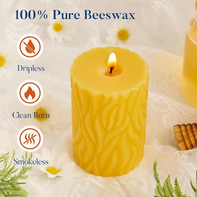 Crenovo Natural Beeswax Pillar Candles 3 Pack, 100% Pure Beeswax Candles Bulk with 180 Hours Burn Time, Organic Bees Wax Candles for Home, Party, Prayer, Non-Toxic Dripless Smokeless 2.8x4 Inch