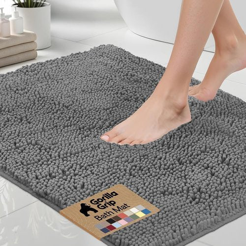 GORILLA GRIP Bath Rug Mat - Soft Absorbent Chenille | Quick Dry Microfiber, 60x17 Inches, Grey