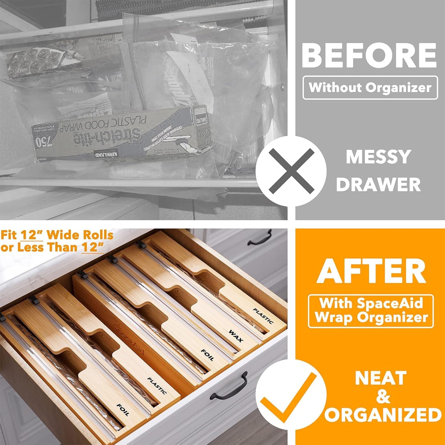 SpaceAid WrapNeat 3-in-1 Wrap Organizer - Cutter & Labels for Plastic Wrap, Foil & Wax | 12" Roll Holder (Natural)