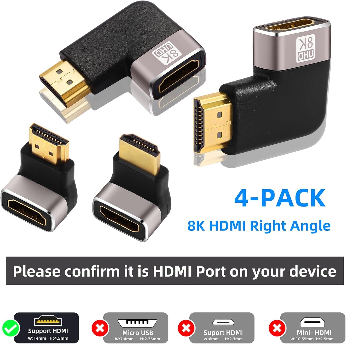 AIMHDUTY 8K 4-Pack 90 270 8K@60Hz,4K@120Hz,HDR,eARC HDMI Eblow HDMI Right Angle Adapter and Degree Gold Plated, Support