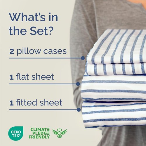 King Size 4 Piece Sheet Set - Luxury Cooling & Breathable Bed Sheets - Soft, Wrinkle-Free Blue Stripes