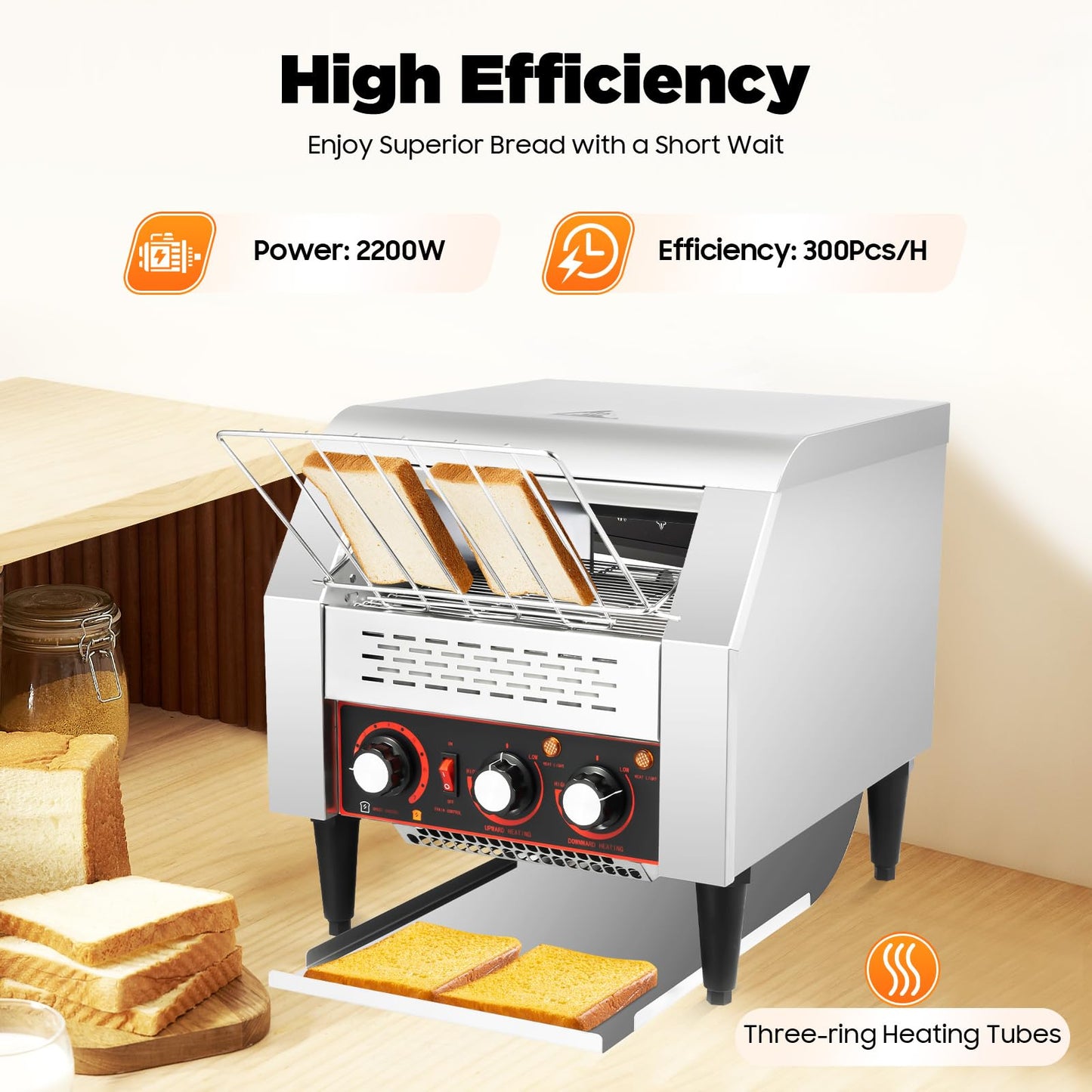 Commercial Conveyor Toaster 300 Slices/Hour,2200W Stainless Steel Heavy Duty Industrial Toasters (with Double Heating Tubes),Stainless Steel Conveyor Toaster for Making Muffins/Toast/Pastries/Waffles