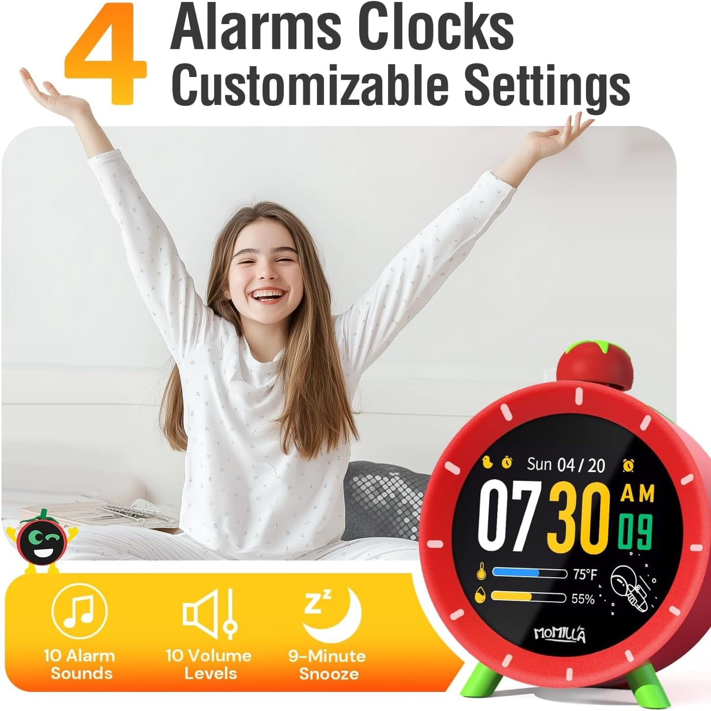 2.8" 4 MOMILLA Kids Alarm Clock for Bedrooms, Visual Timer with LCD Display Alarms, Digital Clock with White Noice