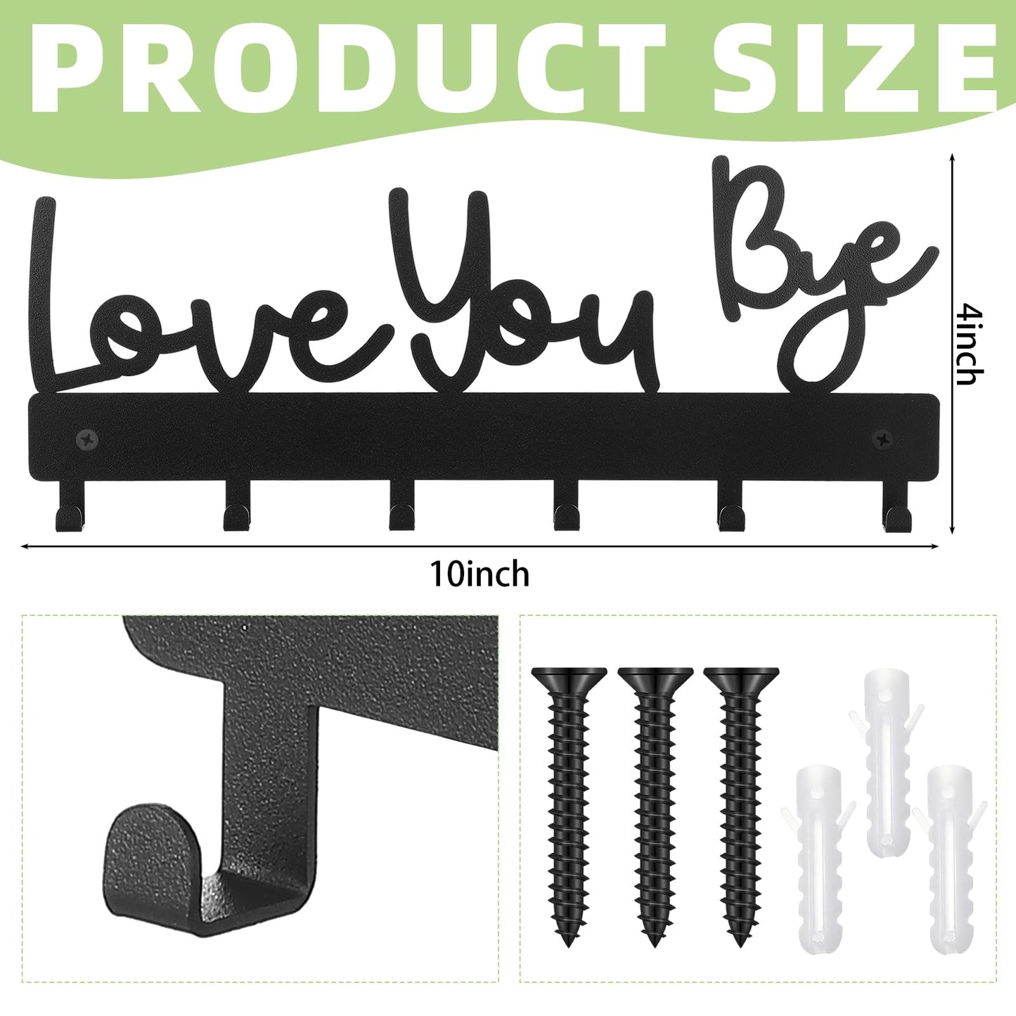 Otoolling Key Holder Wall Mount Love You Bye Key Holder Hook Rack Organizer Hanger with 6 Hooks for Wall Express Love Art Sign Decor for Entryway Front Door(Hook Style,10 x 4)