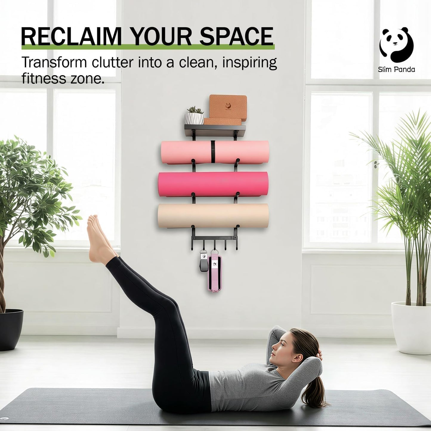 Slim Panda Yoga Mat Holder Wall Mount with Mesh Bag, 4-Tier Metal Storage Rack with Floating Shelf & 5 Hooks, Large Home Gym Organizer for Foam Rollers, Resistance Bands & Yoga Accessories