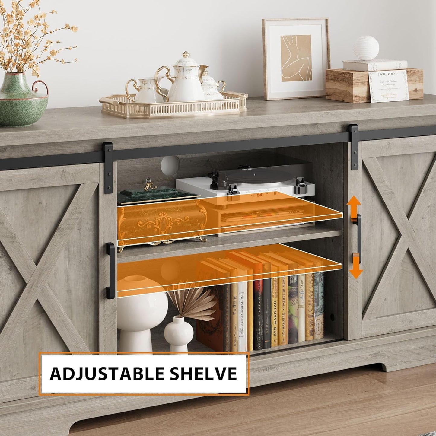IDEALHOUSE Farmhouse TV Stand for 65 Inch TV, Entertainment Center with Sliding Barn Doors and Adjustable Shelves, TV Stand with Storage, Modern Storage Media TV Console for Living Room Bedroom, Grey