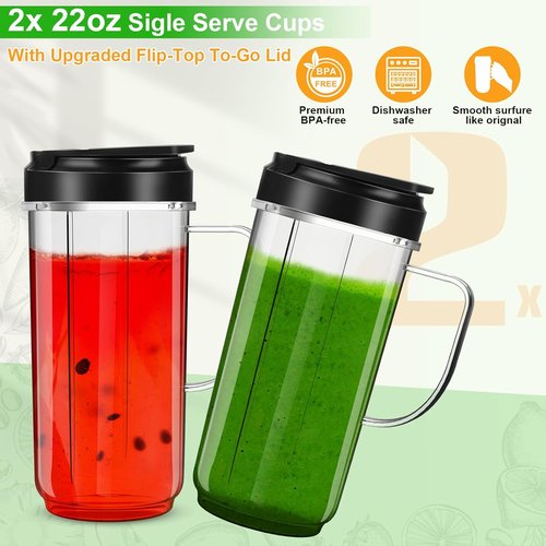 Magic Bullet Blender Cups - 22oz Tall Replacement Cups with Flip Top Lid | 2 Pack, Compatible with MB1001