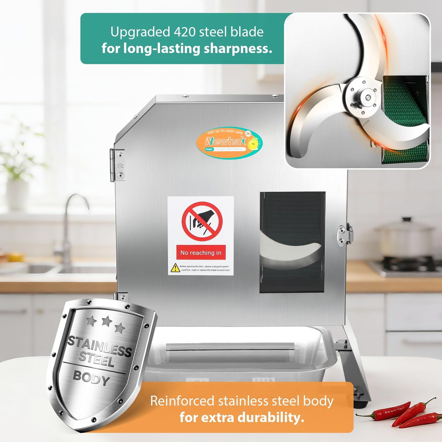 Newhai Commercial Green Onion Cutter Vegetable Slicer Machine Electric Automatic Spring Onion Slicer with Conveyor Belt 1.5-35mm Thickness Adjustable 400lb/h Stainless Steel for Kitchen Use