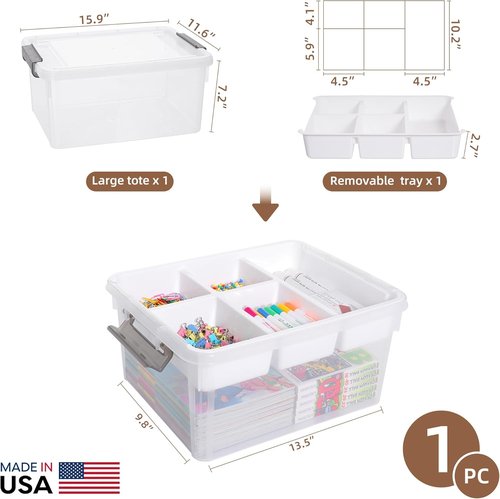 Citylife 17 QT Clear Plastic Storage Box - Removable Tray for Craft Organizers & Bead Storage