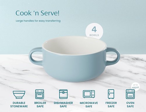 Kook Ceramic Soup Crocks - Oven & Microwave Safe Bowls with Handles | 18 oz, Set of 4 (Pale Blue)