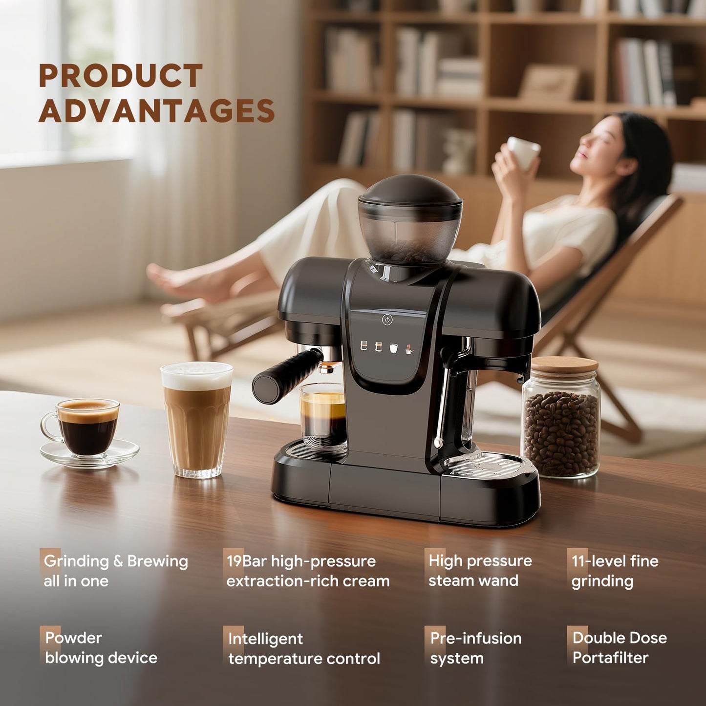 20 Bar Espresso Machine with Grinder & Steam Wand - Semi Automatic Coffee Maker, NTC Intelligent Temp Control, 58mm Stainless Steel Portafilter, One-Touch Panel for Home Barista (Removable Water Tank)