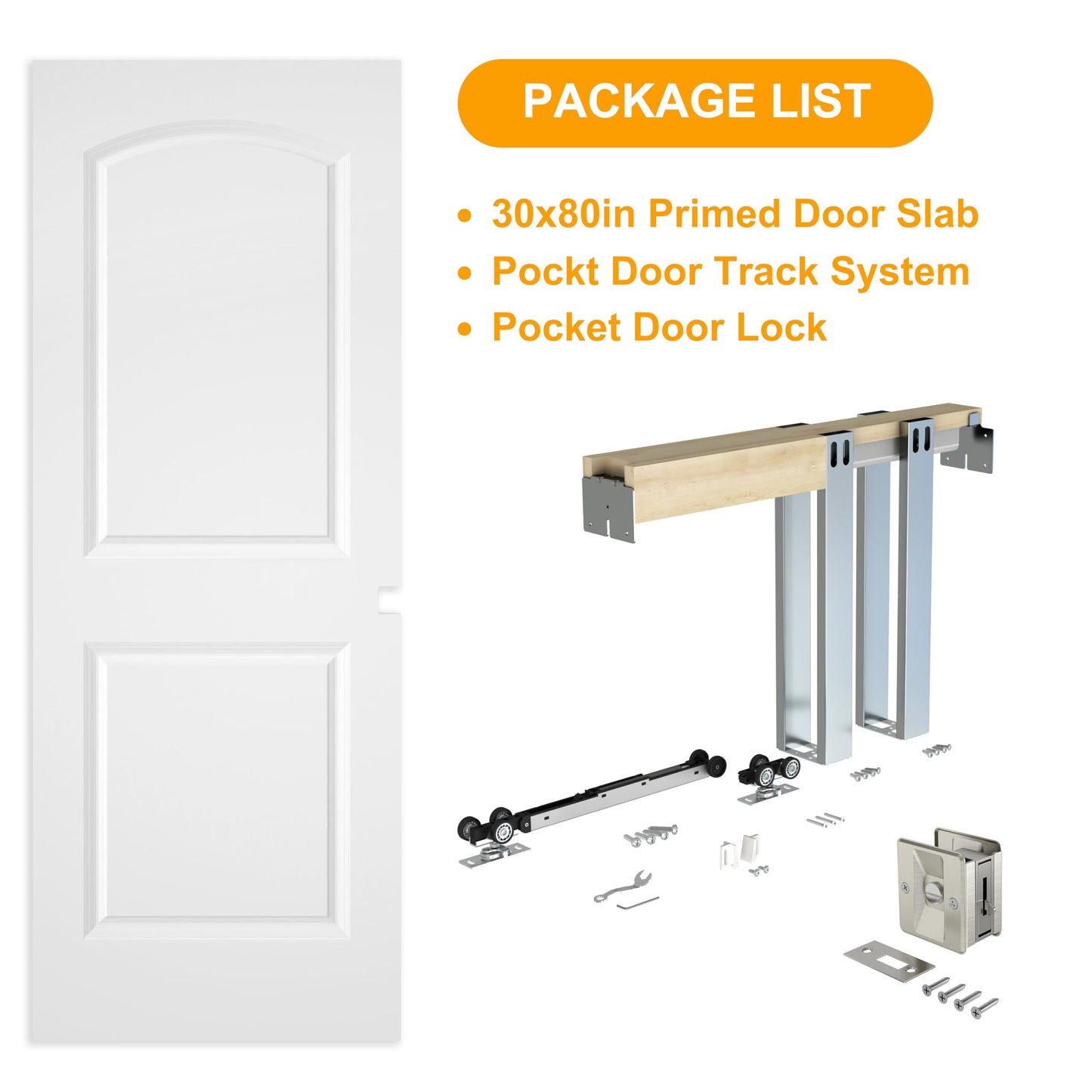 BARNSMITH 30in x 80in Sliding Pocket Door, Raised 2-Panel Arch Top Smooth White Primed Door Slab wtih Track Hardware and Frame Kits & Privacy Latch, Soft Close Mechanism, Durable and Smooth-Sliding