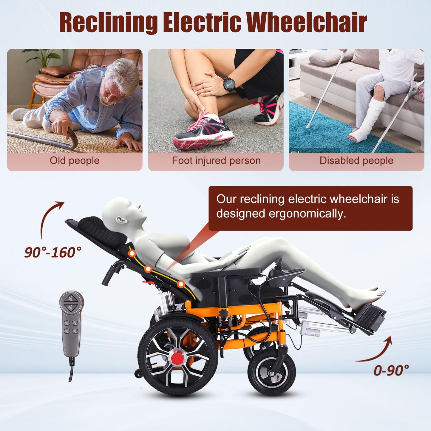 Reclining Foldable Electric Wheelchair,Lightweight Reclining Wheelchairs for Adults,30 Miles All Terrain Power Wheelchairs,Remote Control Motorized Wheelchair for Seniors,Portable Elder Mobility Aids