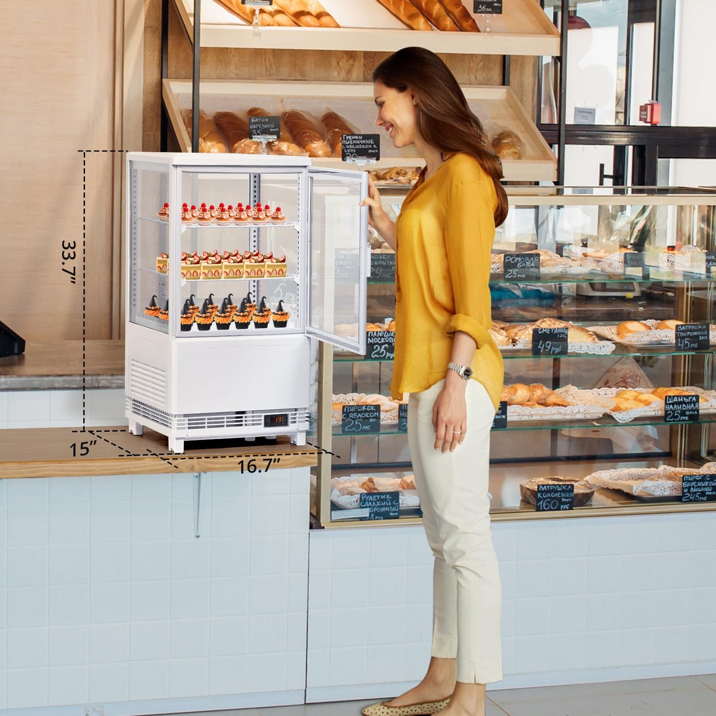 2.1 Cu.Ft. Commercial Bakery Display Refrigerator, Countertop Refrigerated Case, Display Fridge, Single Door, Merchandiser Beverage Cooler, 3 Layers, LED, Adjustable Shelves, Restaurants, Bars, Shops