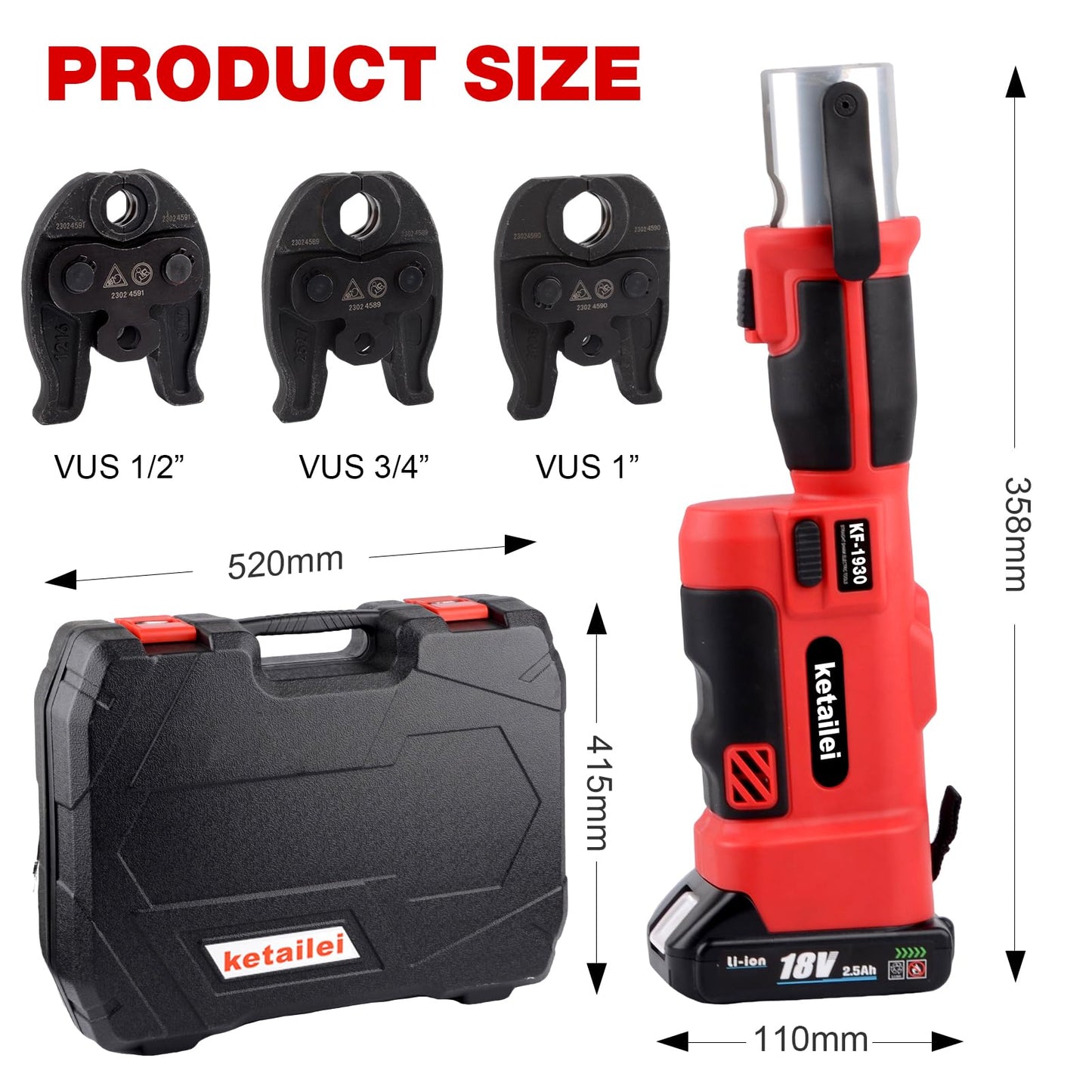 ketailei Pro Press Copper Pipe Crimping Tool Kit - 2x 5.0Ah Battery Powered - 1/2" 3/4" 1" US Standard Jaws - Cordless Electric Hydraulic Copper Pipe Crimping Tool for Plumbers（KF-1930）