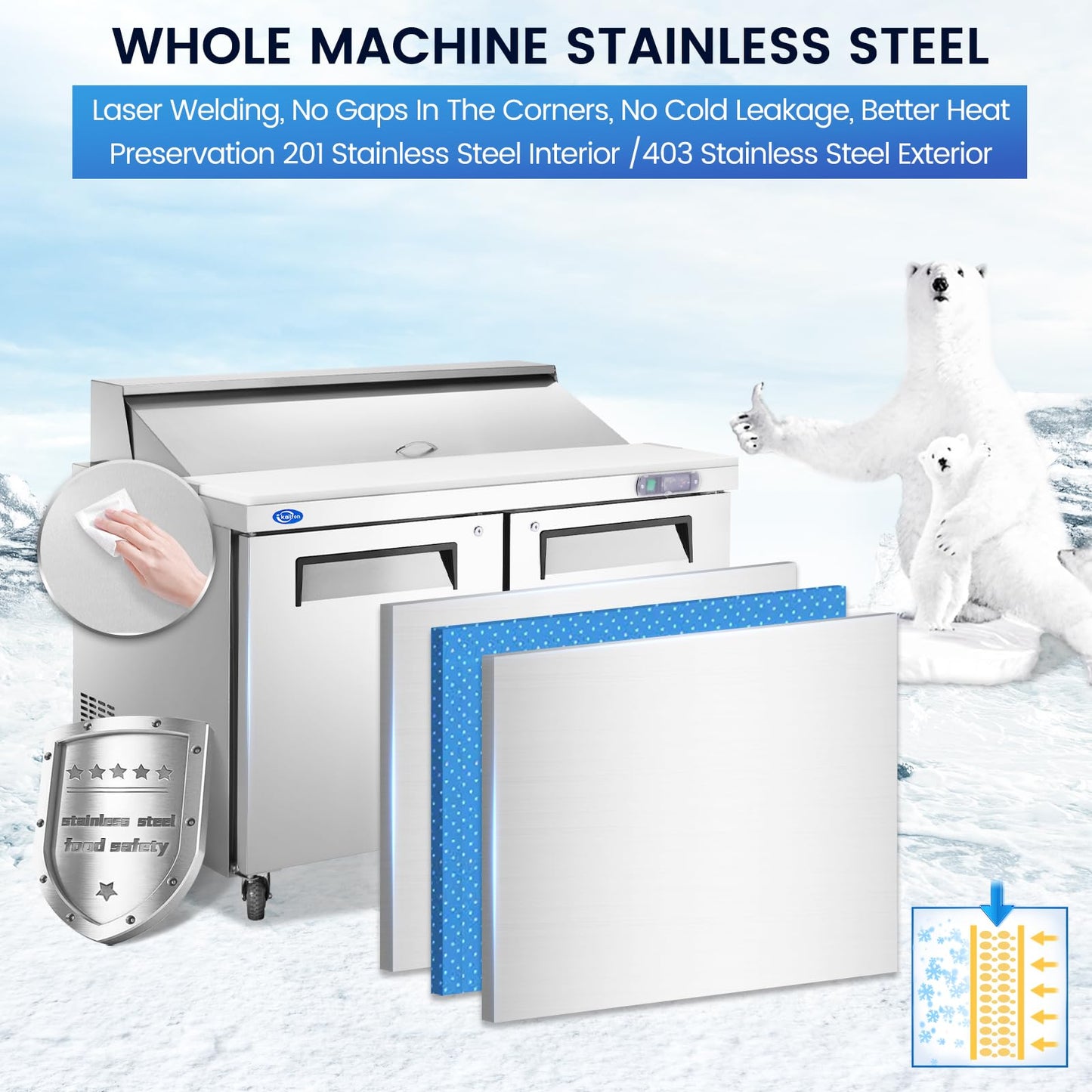 kalifon 60" W 2 Door Refrigerator Sandwich Salad Prep Table Commercial Stainless Steel Fan Cooling Refrigerator with Cutting Board, 2 Shelves & 16 Pans for Restaurant, Bar, Shop-16.4 Cu.ft