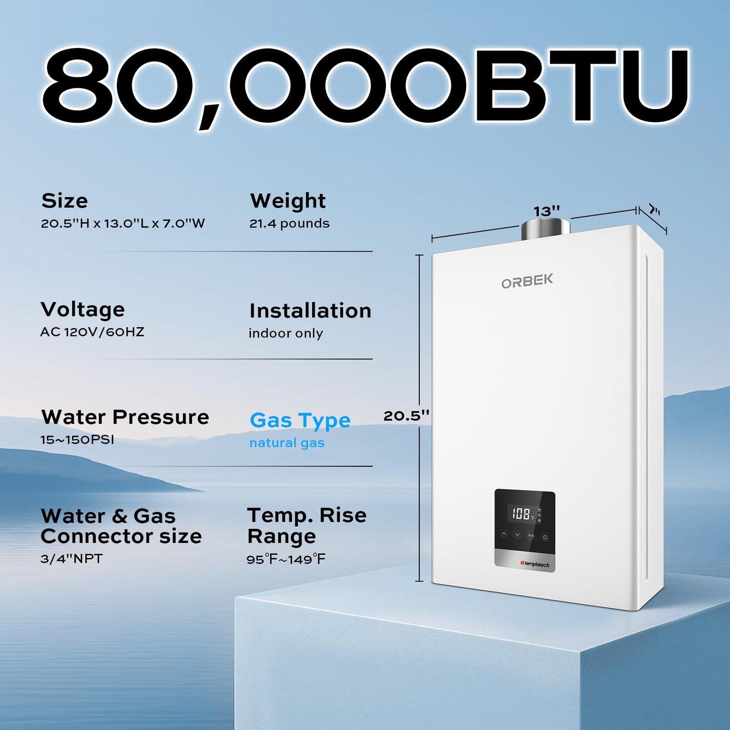 ORBEK Natural Gas Tankless Water Heater 80,000 BTU 3.6 GPM Indoor CSA Certified Low Flow 0.53 GPM On-Demand for Cabins Tiny Homes 1-Bathroom with Remote Control LED Display