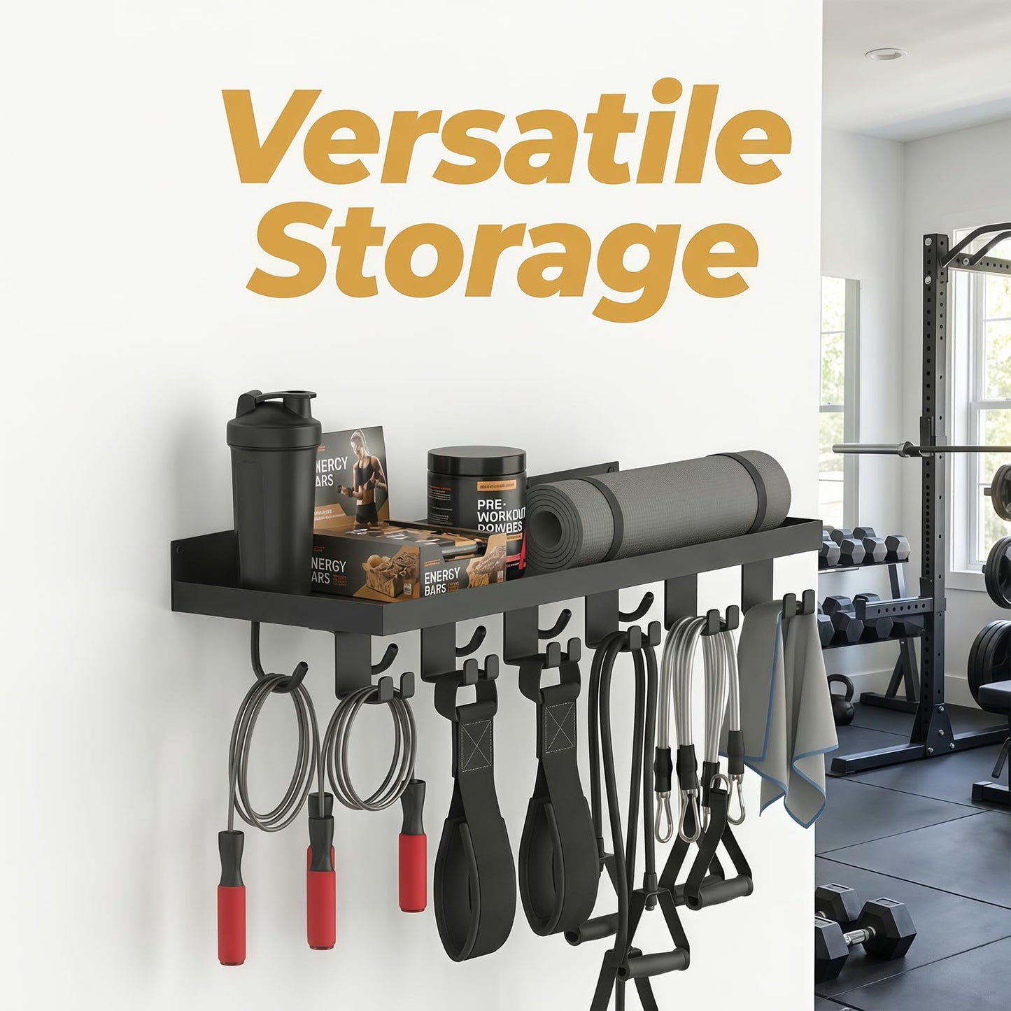 SSNEWOG Floating Shelf Organizer Compatible with Tonal Accessories,16.9x6Home Gym Weight wall Storage Equipment Hanger, Metal Rack Holder Wall Mount with 5 T-Lock Brackets & Hooks Hanger (Black)