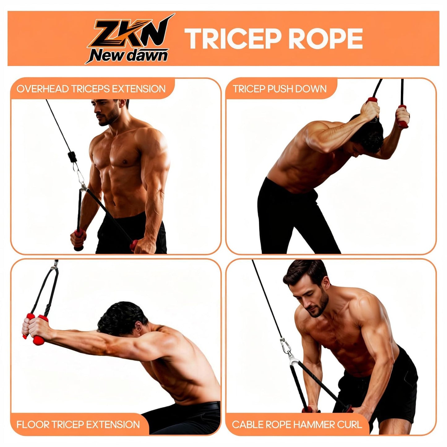 ZKN NEW DAWN Tricep Rope Pull Down Attachment with Ergonomic Handles,Triceps Rope for Cable Machine Pulley System,Home Gym Accessories (Red)