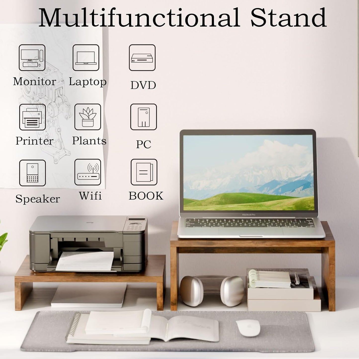 2 Pack 2 2 TEAMIX Monitor Stand Riser Rustic Brown,Wood Tier Adjustable Monitor Stand Dual Monitor Riser