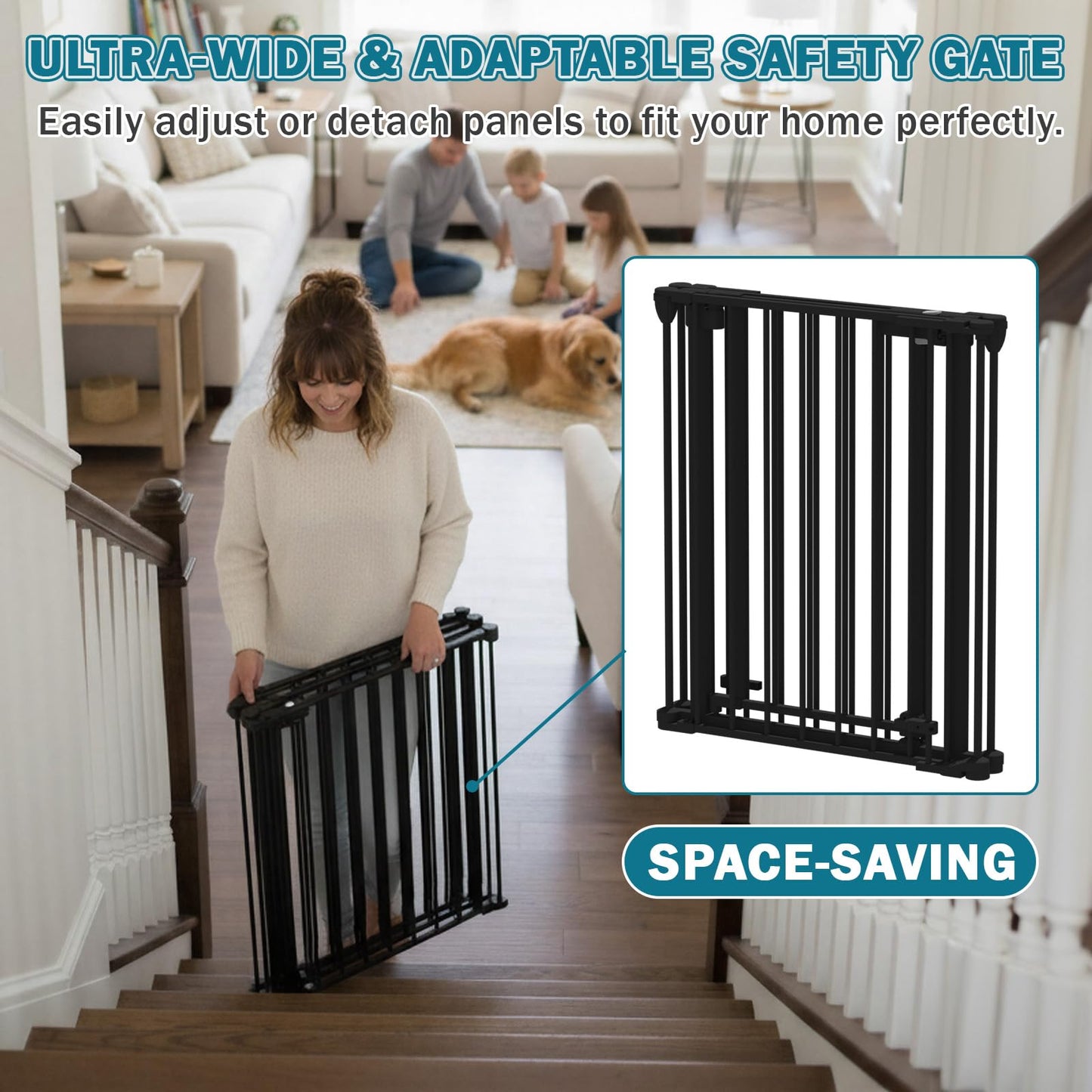 Mumeasy 80" Extra Wide Baby Gate for Doorways, Stairs & Fireplace, Auto Close Dog & Pet Gate with Walk Thru Door, 3 Metal Panels, Hardware Mounted Child Safety Fence for House, Indoor/Outdoor, Black