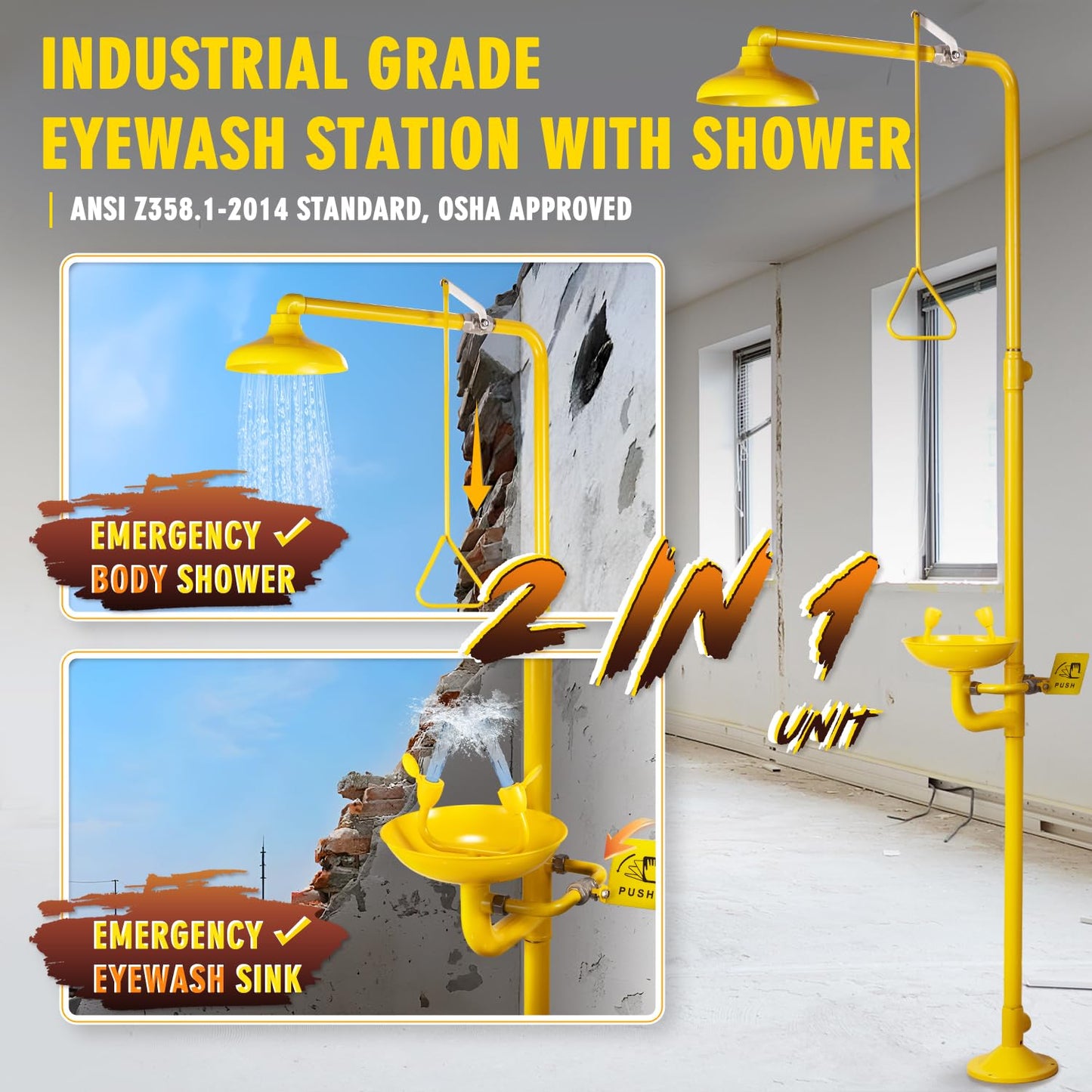 CGOLDENWALL Emergency Shower Eye Wash Station Combination Eye Wash Station with Shower, NPT Thread, with Emergency Sign, 304 Stainless Steel+Yellow Coating