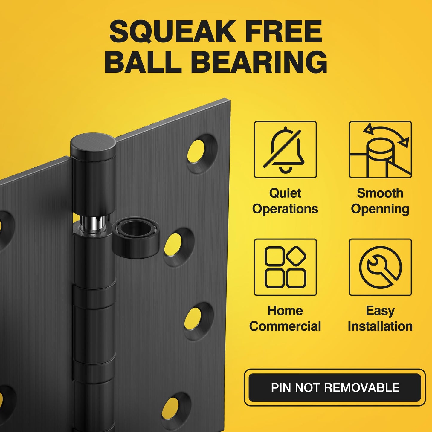 KOLET Ball Bearing Door Hinges, 4 x 4 Inches Door Hinges, Square Corner Heavy Duty Hinges, Commercial Grade Stainless Steel, Smooth and Non Removable Pin, Matte Black, 3 Pack