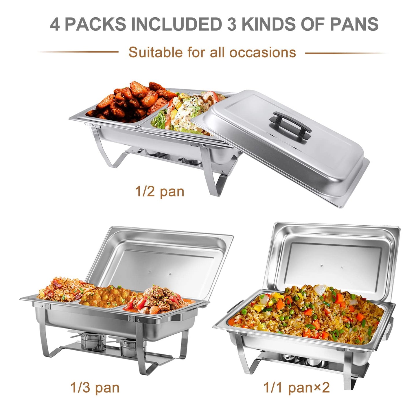 Valgus 4-Pack 8QT Stainless Steel Chafing Dish Buffet Set with 2 Full Size, 2 Half Size, 3 1/3 Size Pans Food Warmers for Parties, Buffets, Wedding, Banquet, Catering Events