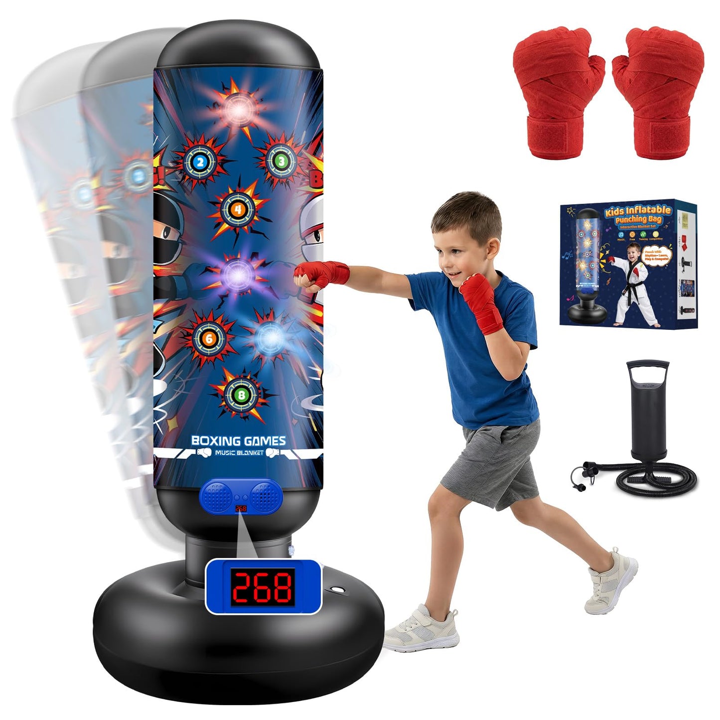 Kids Inflatable Punching Bag Toys: 4 Modes Interactive Boxing Game Stand Set with Music LED Lights Air Pump - Christmas Birthday Gifts Sports Play for Boys Girls Ages 6 7 8 9 10 11 12 Year Old