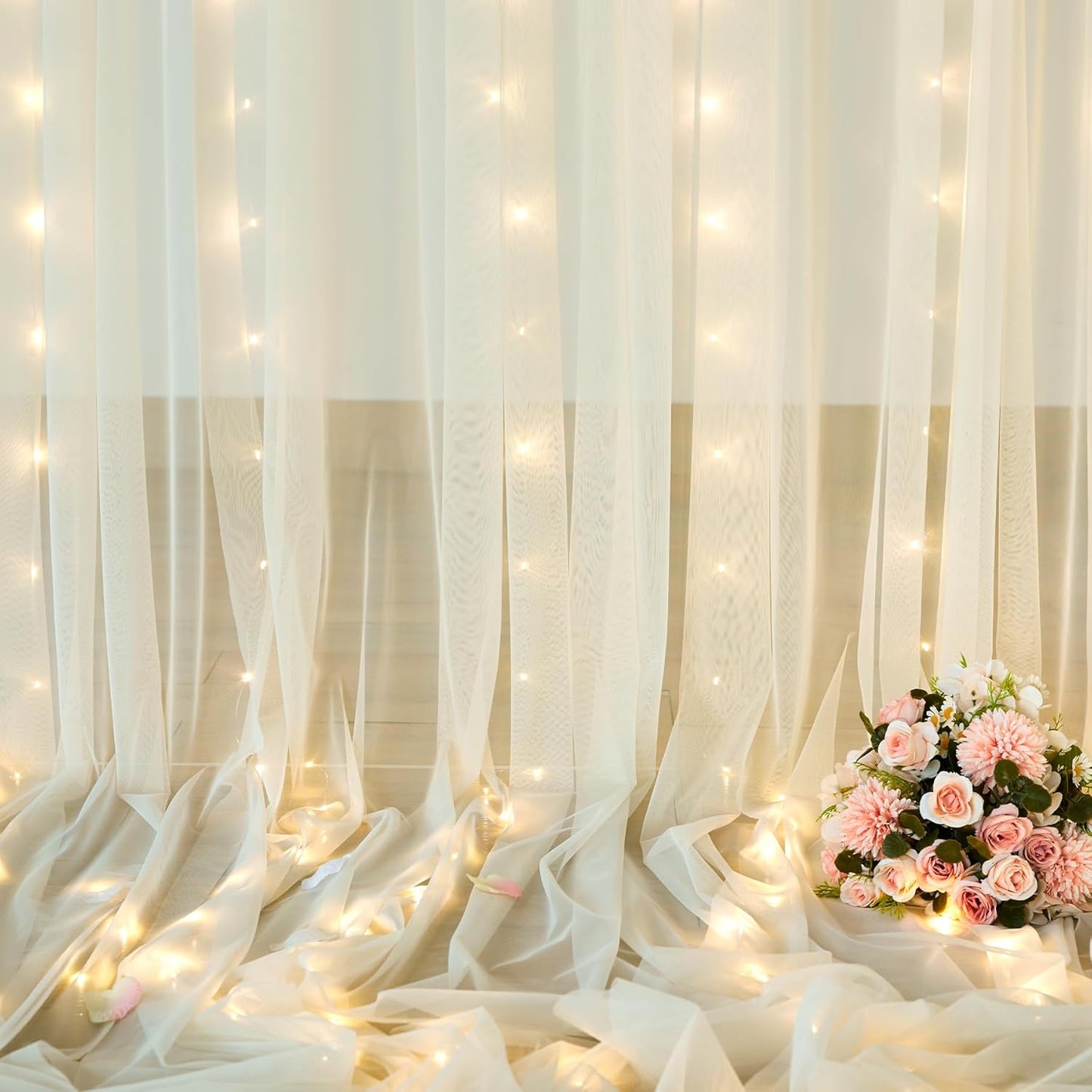 Suppromo 10ft 10ft x Ivory Tulle Photo Backdrop Curtain with Lights String for Parties Wedding Sheer Ivory Curtain