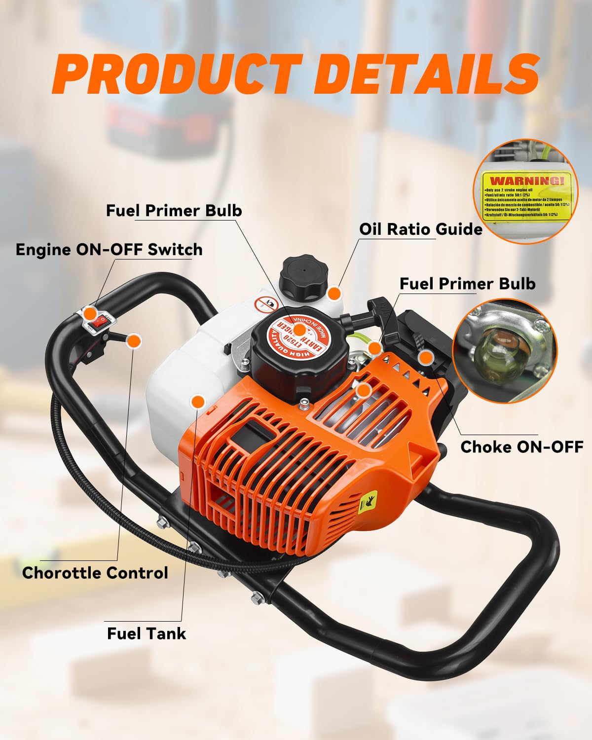 NEO-TEC 63CC Post Hole Digger Auger Drill Gas Powered 2-Stroke & 6" 10" Drill Bits + 3 Extension Bar, Earth Auger Petrol Drill Borer for Garden Lawn for Planting