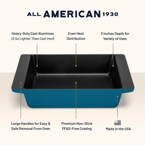All American 1930 XL Bake Pan - Durable Ceramic Non-Stick Coating - Berry Blue - PFAS Free & Oven Safe