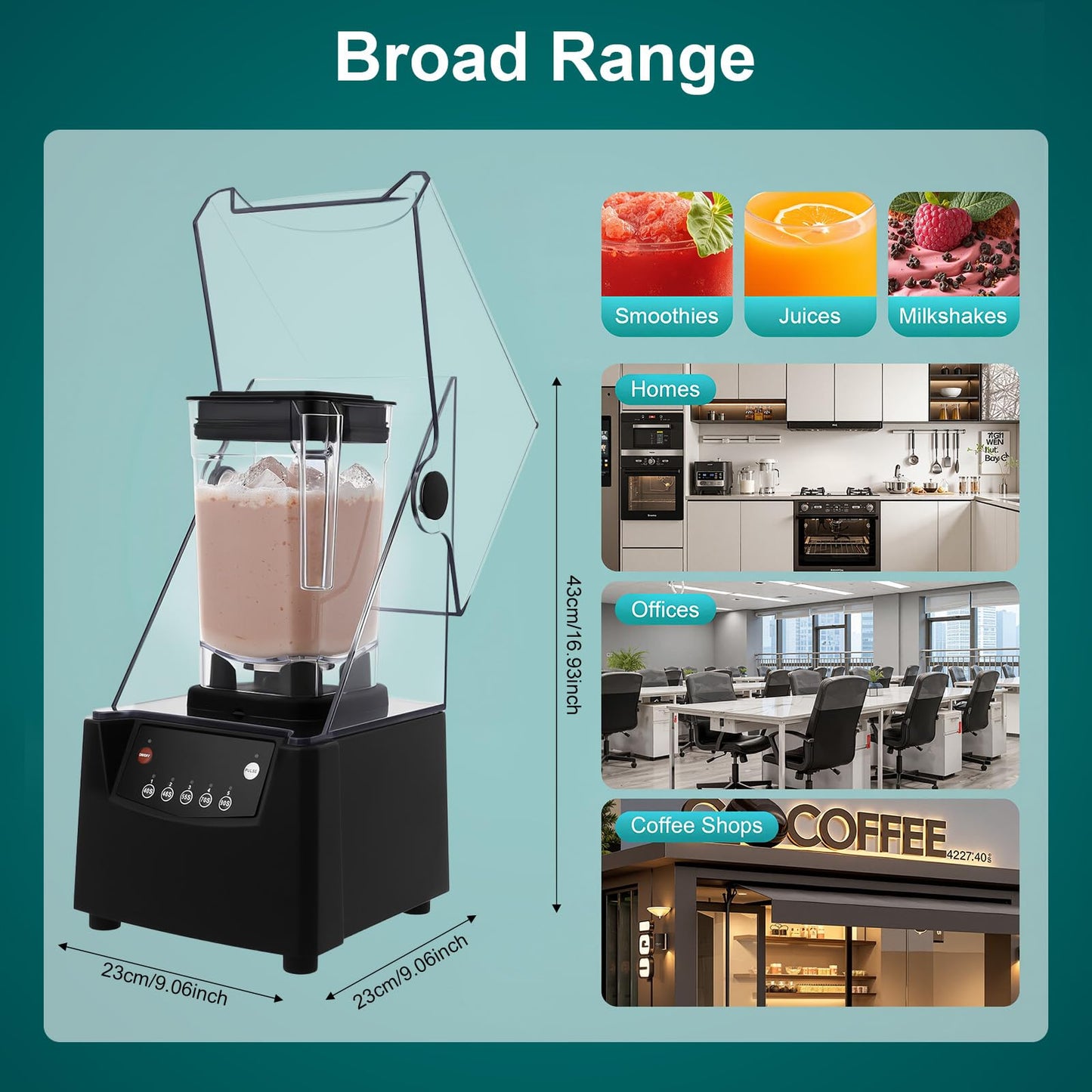 1.8L Commercial Blender, Soundproof Professional Smoothie Machine, 2200W 23000r/min Time Function Automatic Drink Mixer 110V~120V Electric Ice Crusher w/ML, FL.OZ Two Volume Units, Soundproof Cover
