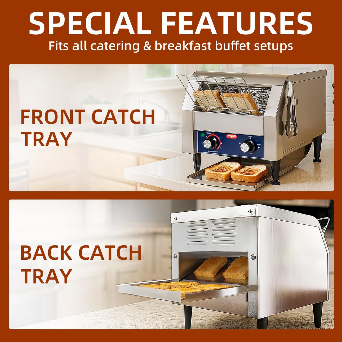 JOHAKYU Commercial Conveyor Toaster, 300 Slices/Hour Heavy Duty Stainless Steel Toaster for Buns, Bagels & Bread, Restaurant Grade with Cleaning Accessories