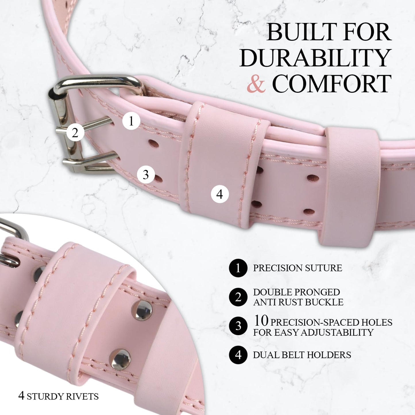 Leather Weightlifting Belt, 10 Adjustable Holes, 4”Width, Double Prong Power Belt for Gym Bodybuilding, weightlifting, powerlifting, squats and deadlifts (Pink, M (30"-33"))