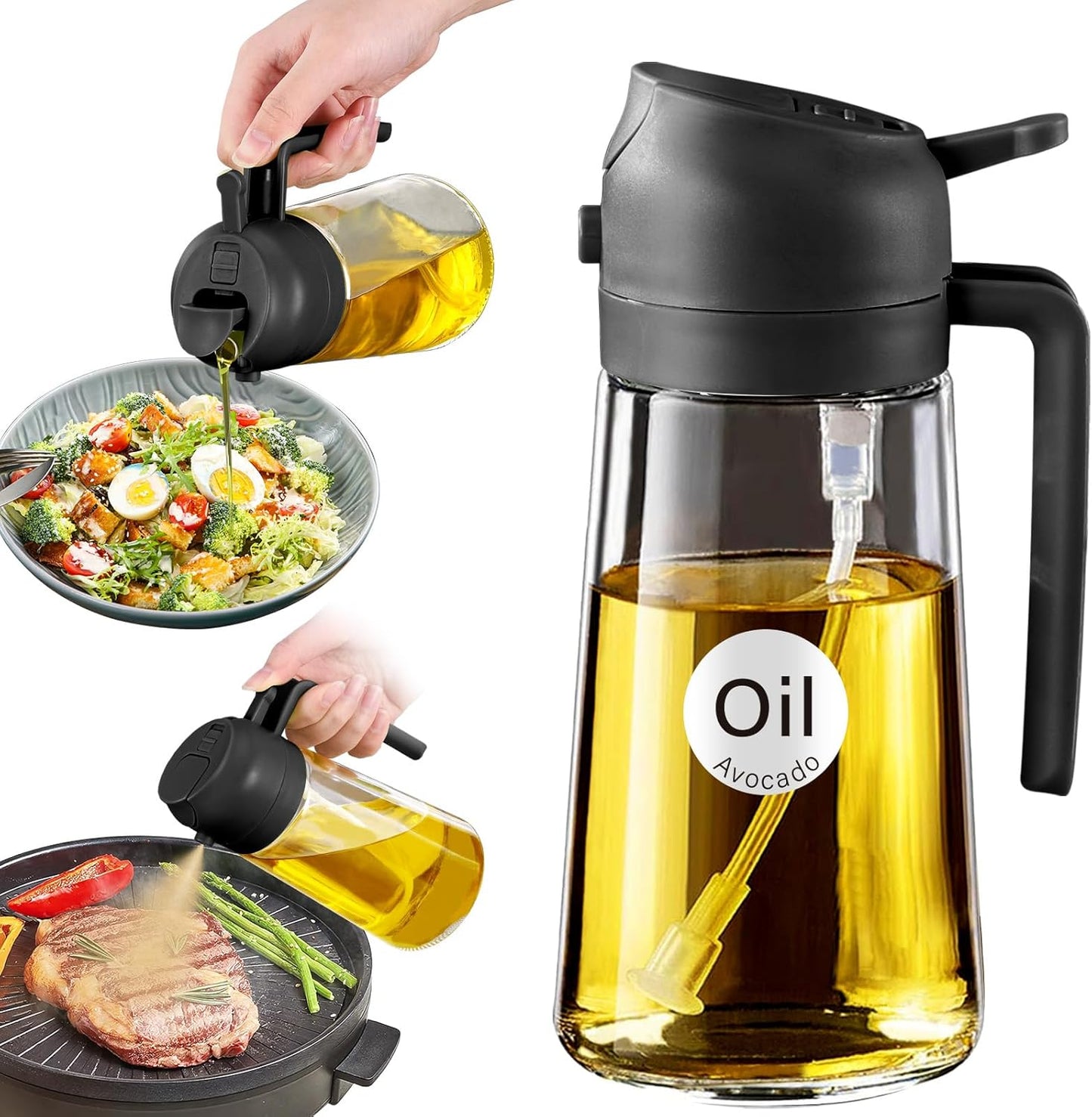 YARRAMATE Glass Olive Oil Sprayer - 16oz Premium Food Grade Dispenser for Cooking & BBQ (Black)