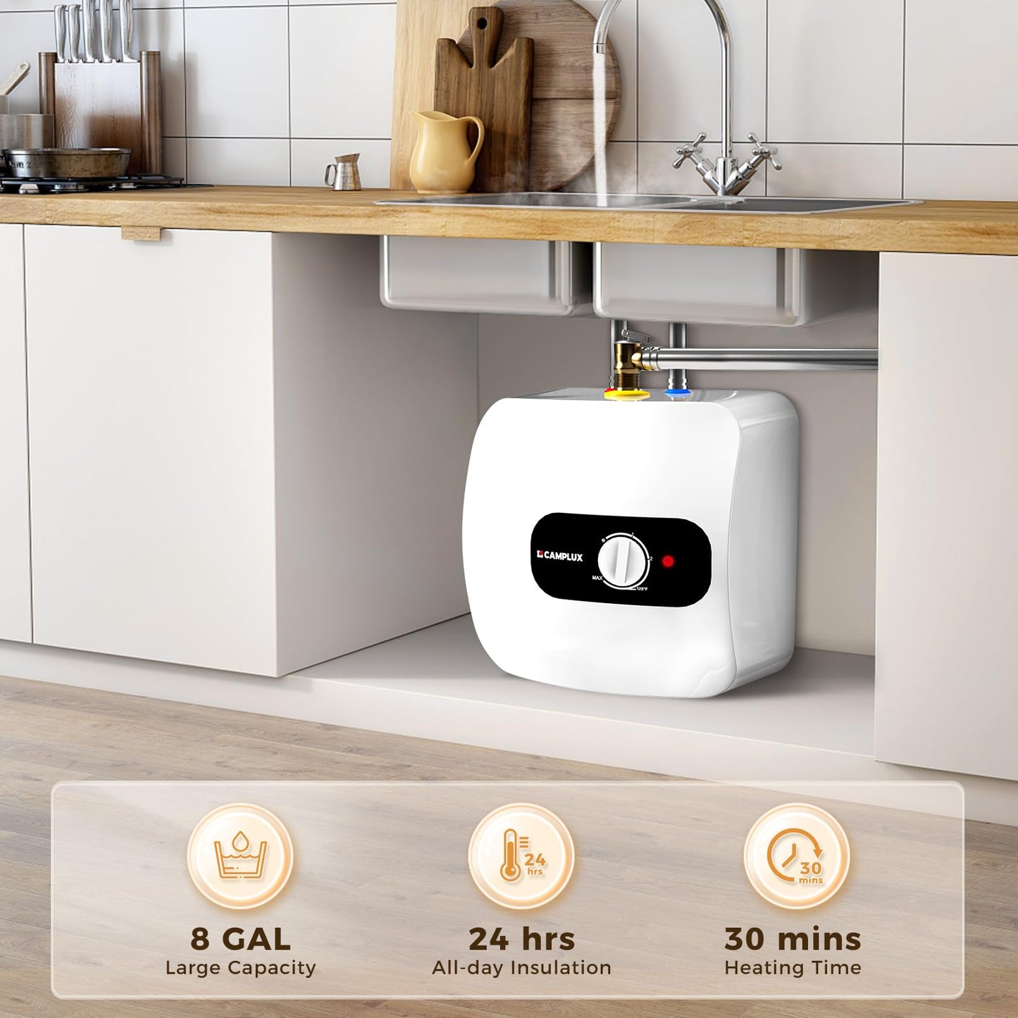 CAMPLUX Electric Mini-Tank Water Heater 8 Gallon (ME80B) On-demand Endless Water Heater, 120-Volt Corded 1440W, Under Sink, Wall or Floor Mounted