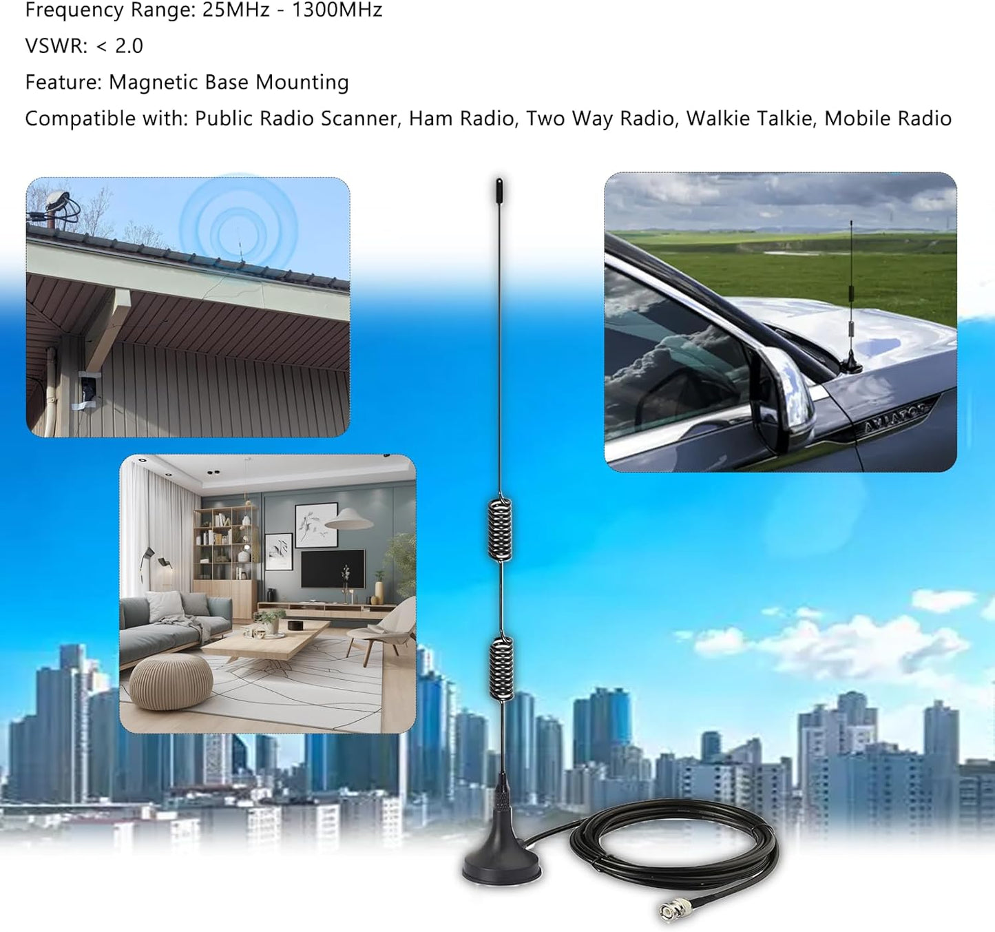 SIGNALPLUS 25-1300MHz 2m 70cm Police Scanner Antenna for Home, VHF UHF GMRS FM, Mobile Ham Radio Antennas with Magnetic