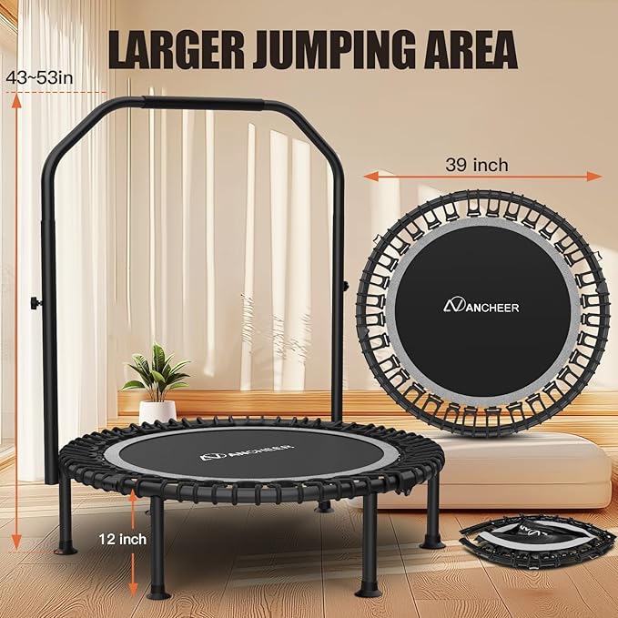 Bungee Rebounder Trampoline,ANCHEER 40" Foldable Fitness Trampoline with 4-Level Adjustable Handlebar, 450LBS Capacity, Resistance Ropes&Upgraded Bungees Safe for Home/Cardio,Workout Indoor/Outdoor