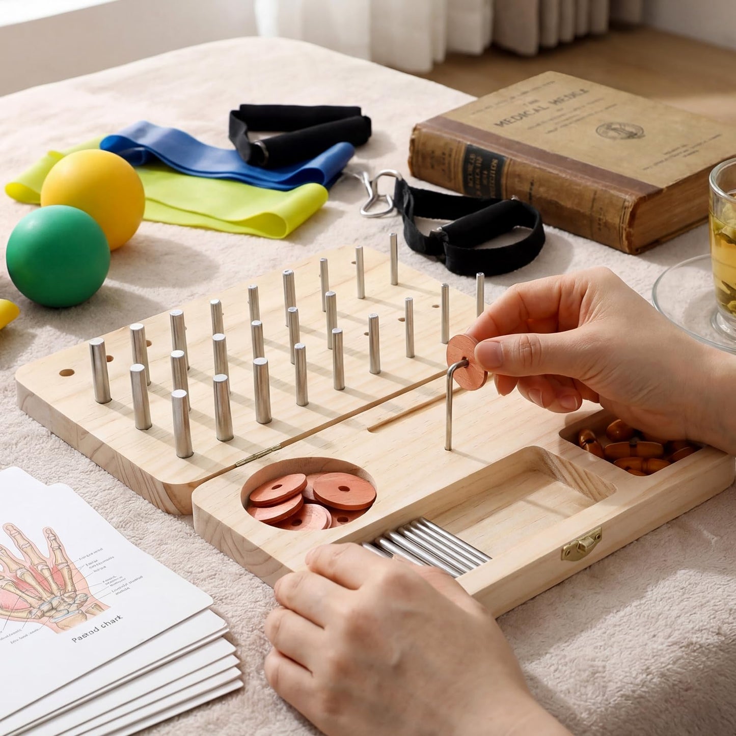 Threehoney Wooden Pegboard for Finger Dexterity, 36-hole Wooden Hand Training Peg Board with Finger Exercise Tools Help to Improve Fine Motor Skills and Hand-eye Coordination