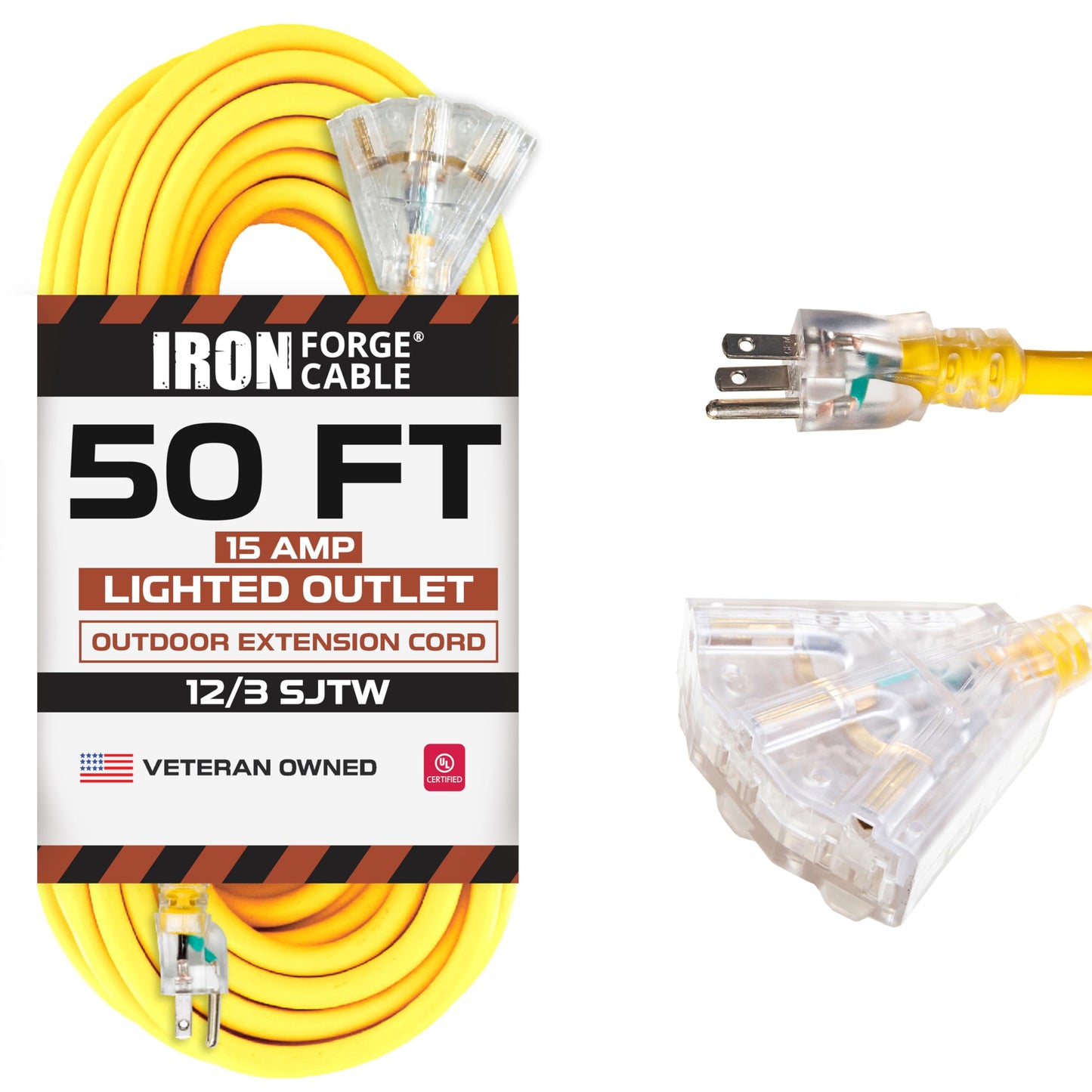 Iron Forge Cable 50 Ft Outdoor Extension Cord - 3 Outlets - 12/3 SJTW Heavy Duty Yellow 3 Prong, 15 AMP & 75 Ft Extension Cord Reel with 4 Electrical Outlets & Breaker Switch - 16/3 SJTW Orange Cable