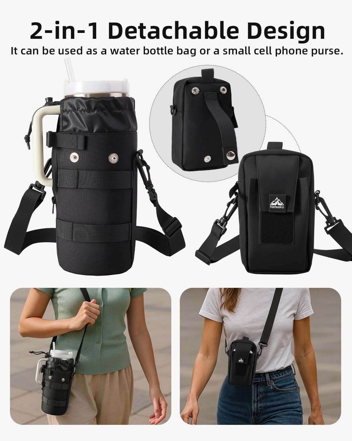 Nefeeko Magnetic Water Bottle Holder with Detachable 2-in-1 Phone Bag, 10 Strong Magnets Gym Pouch for Metal Surfaces, Fits 20-40 Oz Tumblers with Handles, Heavy-Duty 600D Oxford Sling Carrier