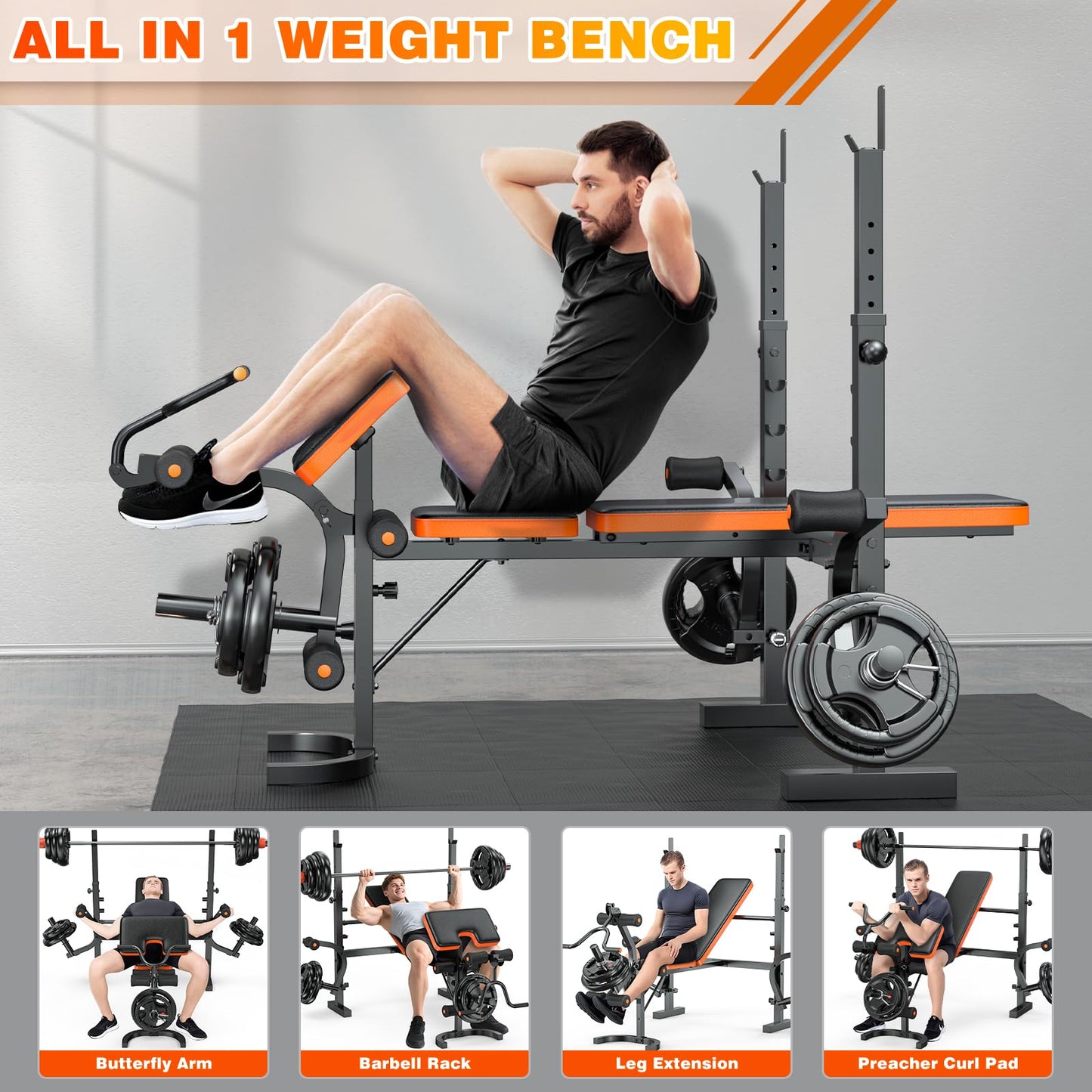 XDDIAS Bench Press, 6 IN 1 Olympic Weight Bench With Leg Extension, Curl and Squat Rack, 770LBS Multi Weight Benches for Home Gym, Workout Bench Flat Incline Lifting Bench for Strength Training