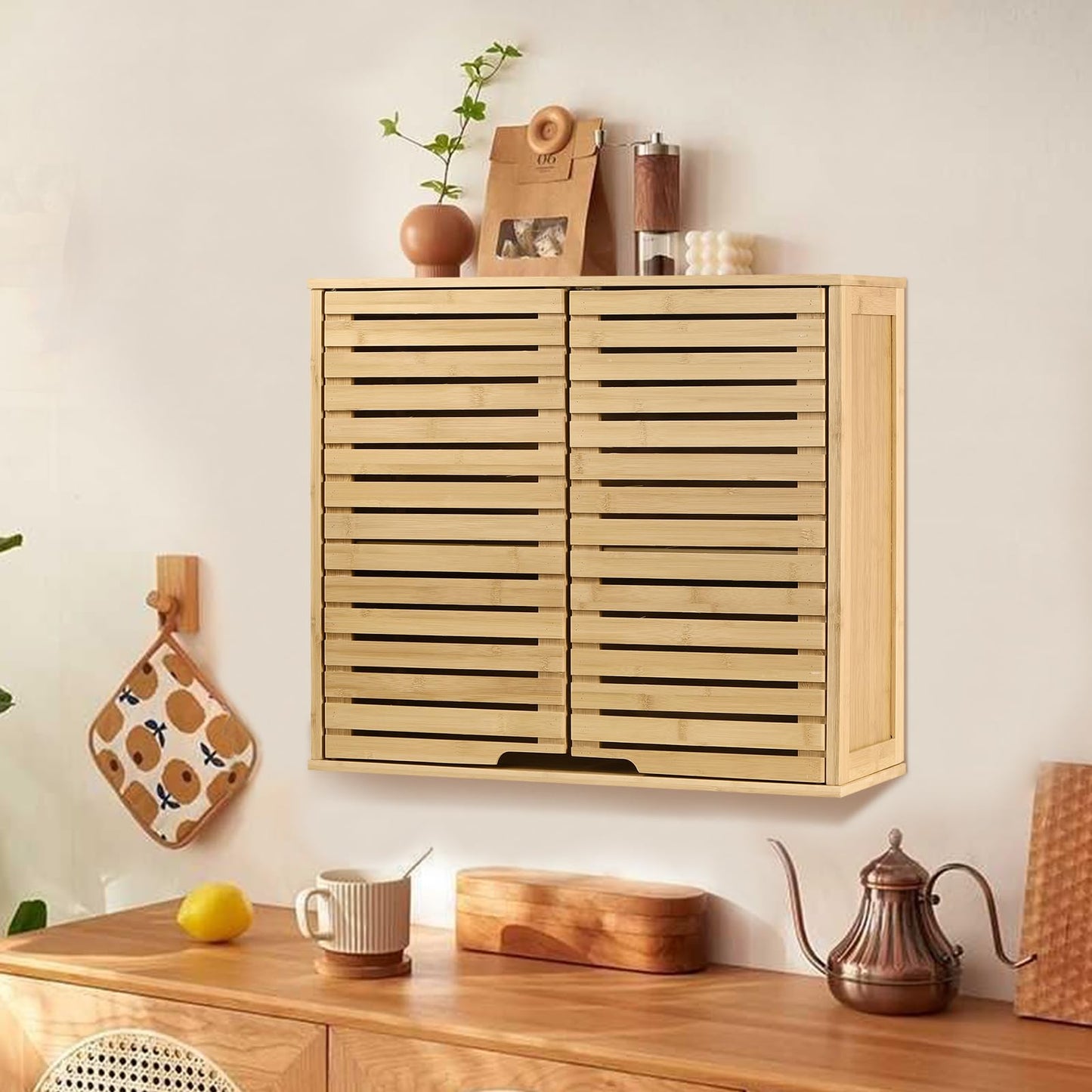 HYNAWIN Bathroom Wall Mounted Bamboo Storage Cabinet with Double Doors, 2-Tier Adjustable Shelf, Over Toilet Organizer for Bathroom, Kitchen, Entryway