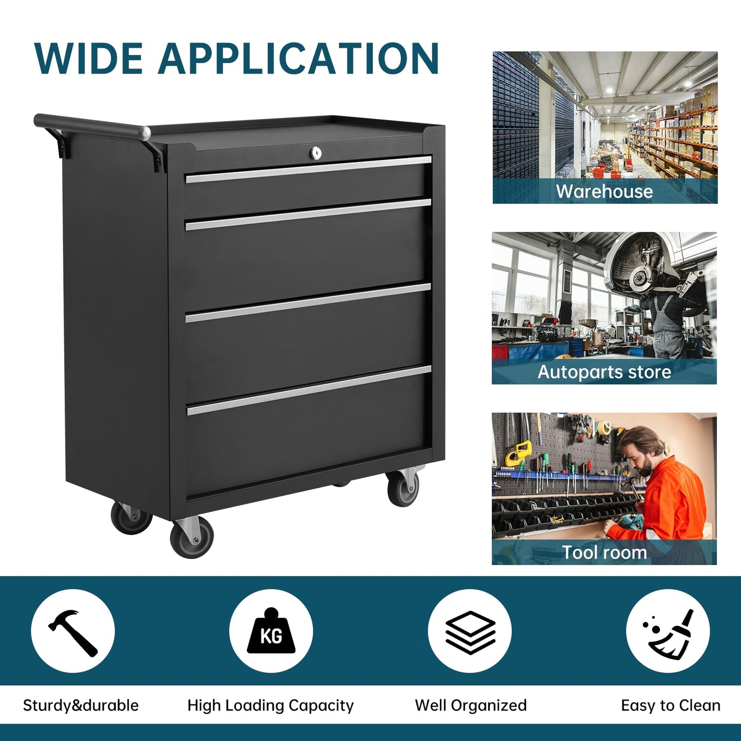 ActiveTrail 4-Drawer Rolling Tool Chest Cabinet,Portable Tool Storage Cart with Smooth Wheels,Lockable Toolbox Organizer with Drawer Liners,Heavy-Duty Steel Tool Cabinet for Garage and Workshop Use